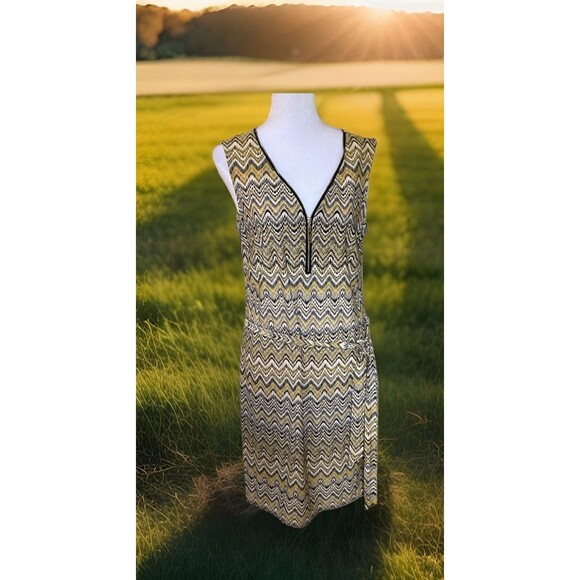 Tacera 1/4 Stop Zip Yellow White Chevron Sleeveless Tie Belt Shift Dress PL - Picture 1 of 8